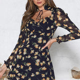 Floral Wood Ear High-Neck Tie Low-Cut Dress