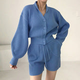 V-neck Knitted Cardigan High Waist Casual Shorts Suit