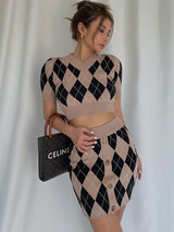 Retro Knitted High Waist Top Hip Skirt Suit