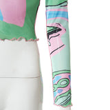 Round Collar Printed Pullover Long Sleeve Shirt