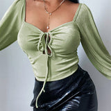 Sweet Drawstring Cutout Flared Sleeve Top