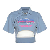 Solid Color Slim Fit Cropped Navel Print Lapel Short Sleeve Two-Piece Set