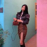 High Waist Split Leopard Print Skirt