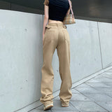 Khaki High-waist Straight-leg Casual Trousers