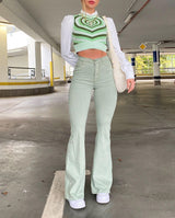Simple Green Flared Slim Trousers