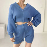 V-neck Knitted Cardigan High Waist Casual Shorts Suit