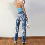 High-rise Straight-leg Butterfly Print Casual Jeans