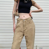Khaki High-waist Straight-leg Casual Trousers