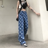 Loose Straight Leg Love Design Denim Pants