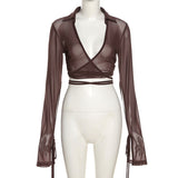 Long Sleeve V-Neck Gauze Sheer Crop T-Shirt