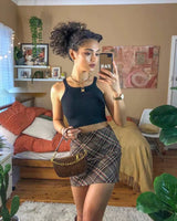 Brown Coffee Tartan Print Mini Skirt