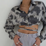 Long Sleeve Tie Dye Lapel French Blouse