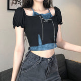 Bubble Ruffle Chain Tie Dye Halter Crop Short Sleeve T-Shirt