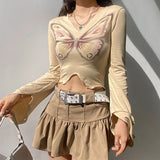 Khaki Fungus Trim Irregular Hem V-Neck Long Sleeve Top