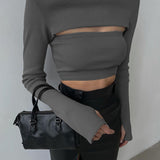 Hollow Slim Knit Long-sleeved Top Vest Suit