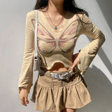 Khaki Fungus Trim Irregular Hem V-Neck Long Sleeve Top