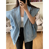 Retro Niche Lapel Ruffled Blue Denim Waistcoat