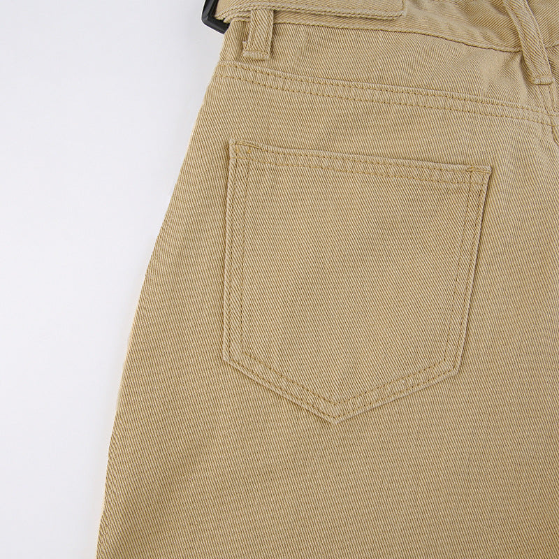 Khaki High-waist Straight-leg Casual Trousers