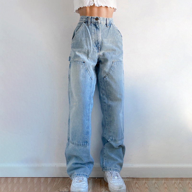 Blue Mom Jeans 90s Casual Loose Wide Leg Cargo Pants