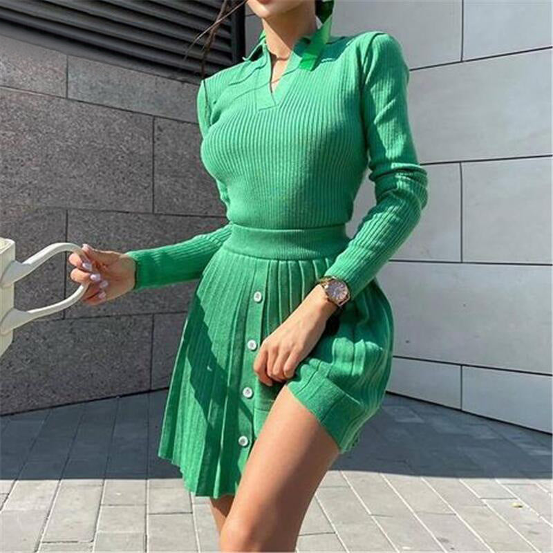 Long-sleeved Top Pleated Skirt Fashion Casual Knit