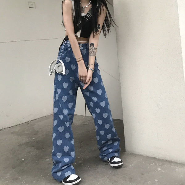 Loose Straight Leg Love Design Denim Pants
