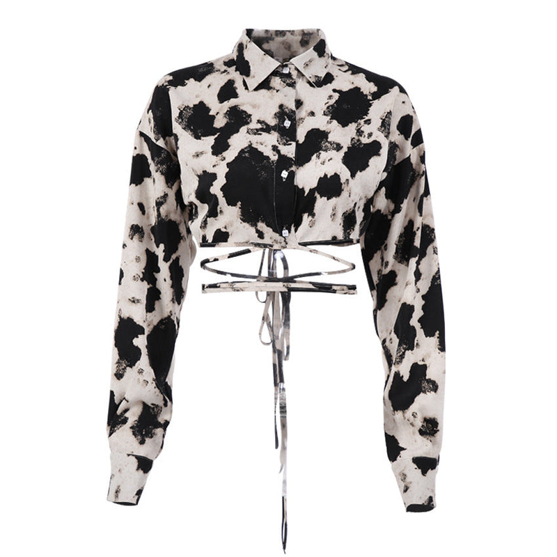 Long Sleeve Tie Dye Lapel French Blouse