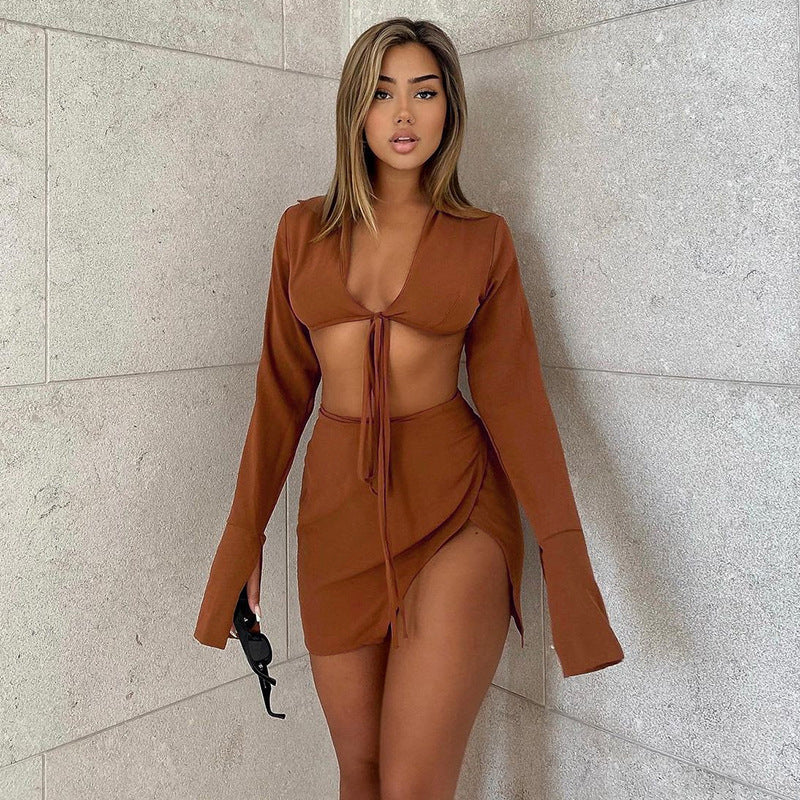 Long-sleeved Tie-up Split Hip Skirt Casual Suit