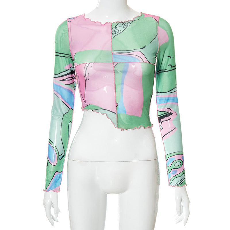 Round Collar Printed Pullover Long Sleeve Shirt