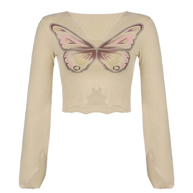 Khaki Fungus Trim Irregular Hem V-Neck Long Sleeve Top