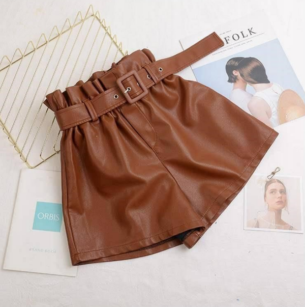 autumn and winter elastic waist high waist leather shorts
