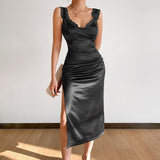 Lace-paneled Lace Slit Slip Dress