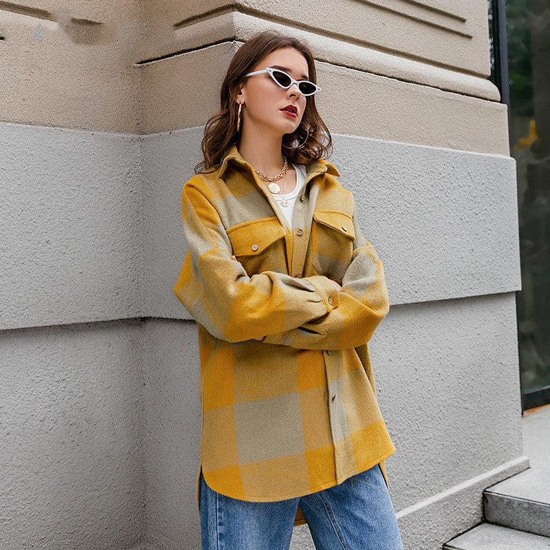 Woolen Plaid Pocket Long Coat