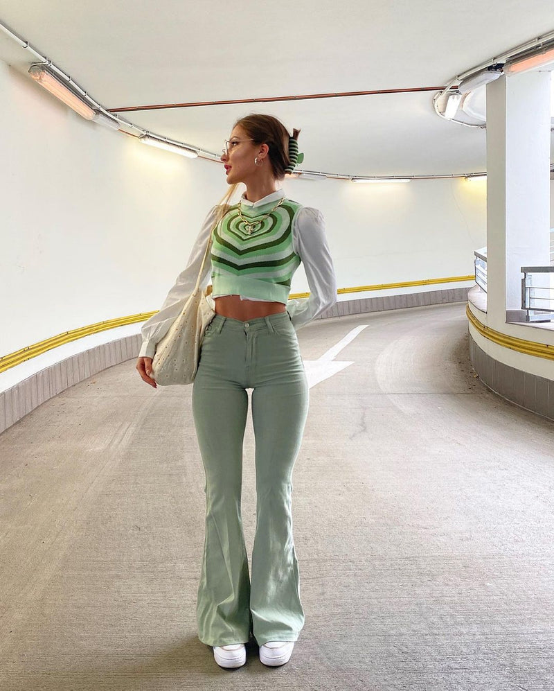 Simple Green Flared Slim Trousers