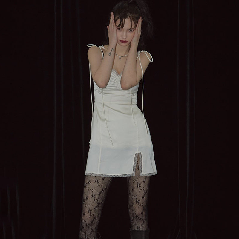 Square collar lace satin split dress