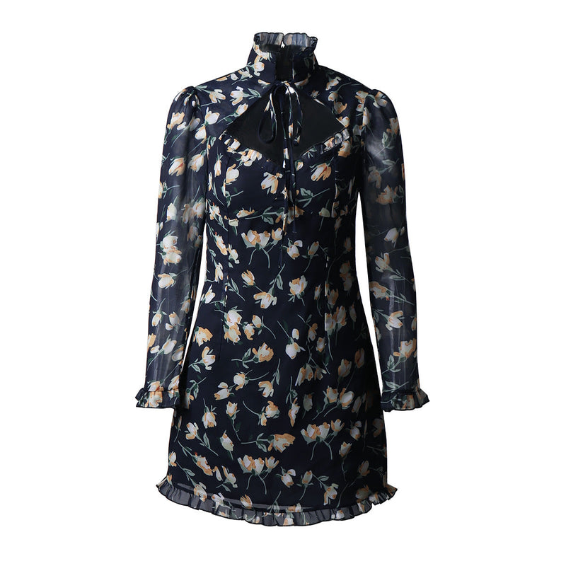 Floral Wood Ear High-Neck Tie Low-Cut Dress