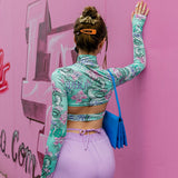 Printed Tight-Fitting High-Neck Short Top