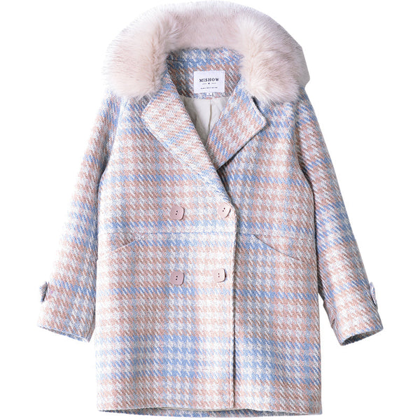 Plaid fur collar coat