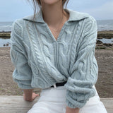 Lapel small V-neck twist knit sweater