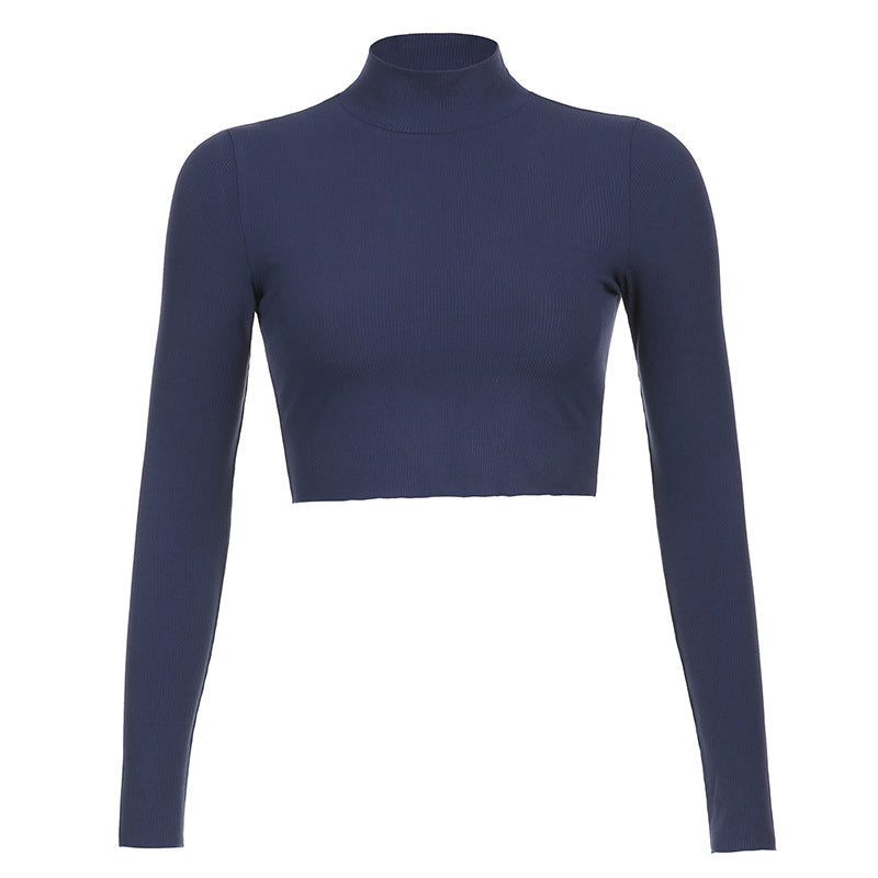 Stretch Rib Solid Color Long-Sleeved T-Shirt