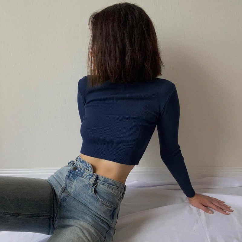 Stretch Rib Solid Color Long-Sleeved T-Shirt