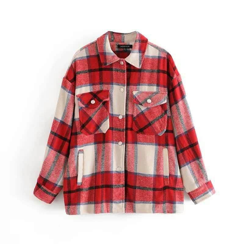 Stylish Pockets Oversized Plaid Jacket