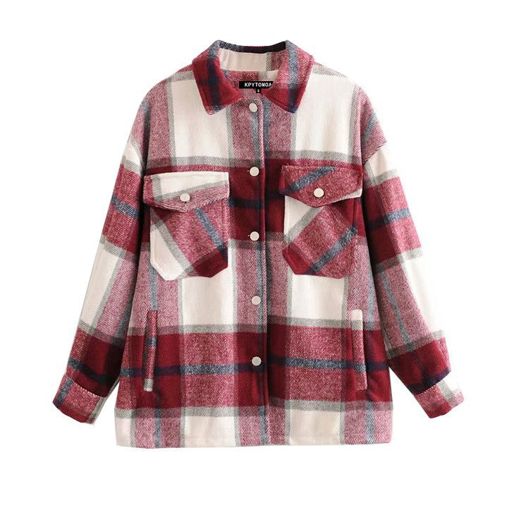 Stylish Pockets Oversized Plaid Jacket