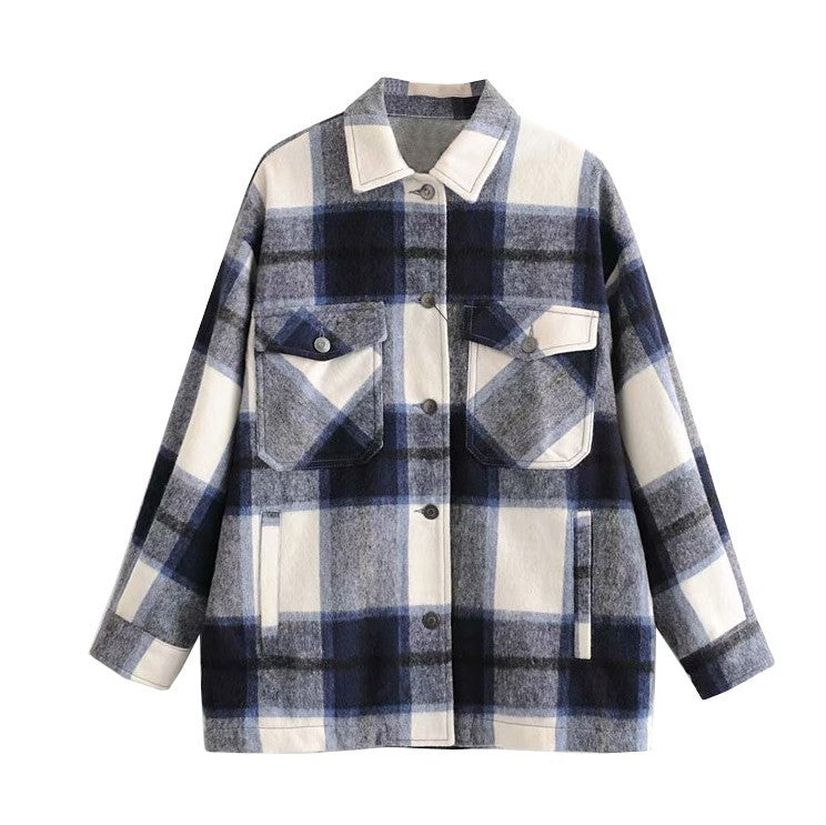 Stylish Pockets Oversized Plaid Jacket