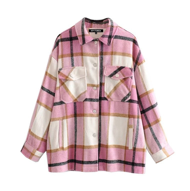 Stylish Pockets Oversized Plaid Jacket