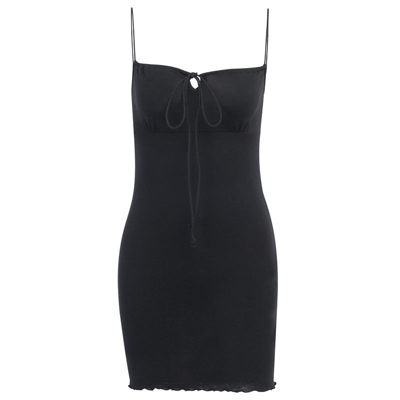 Black Cotton Front Bandage Dress
