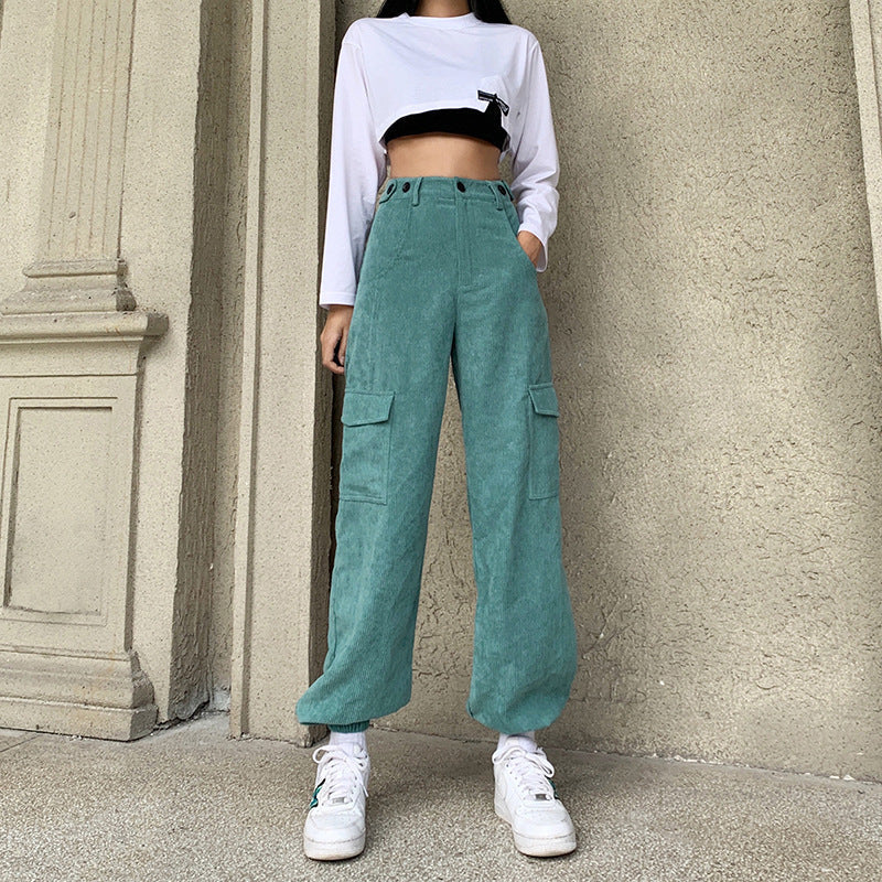 Corduroy High-waisted Pockets And Loose-fitting Trousers