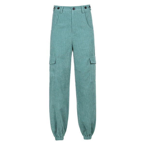Corduroy High-waisted Pockets And Loose-fitting Trousers