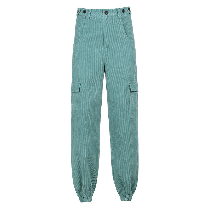 Corduroy High-waisted Pockets And Loose-fitting Trousers