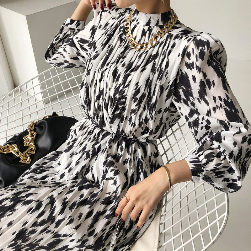 Elegant Hit Color Female Lace-up Printed Midi Dress