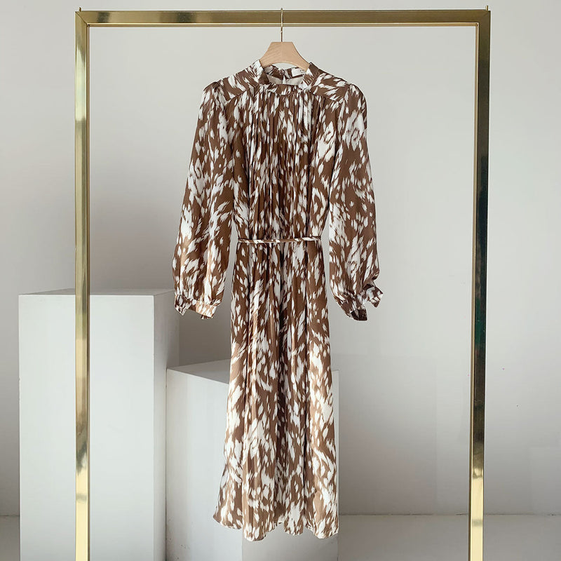 Elegant Hit Color Female Lace-up Printed Midi Dress